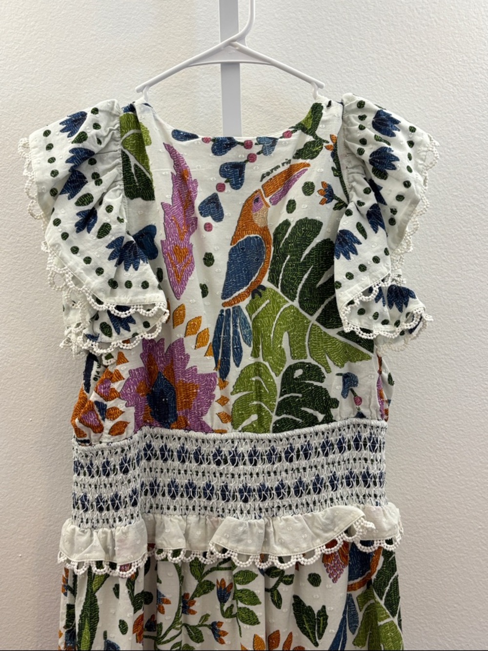 Farm Rio Floral Midi Dress Large Boho Ruffle Lace Smocked Waist Vacation Large - Picture 7 of 8